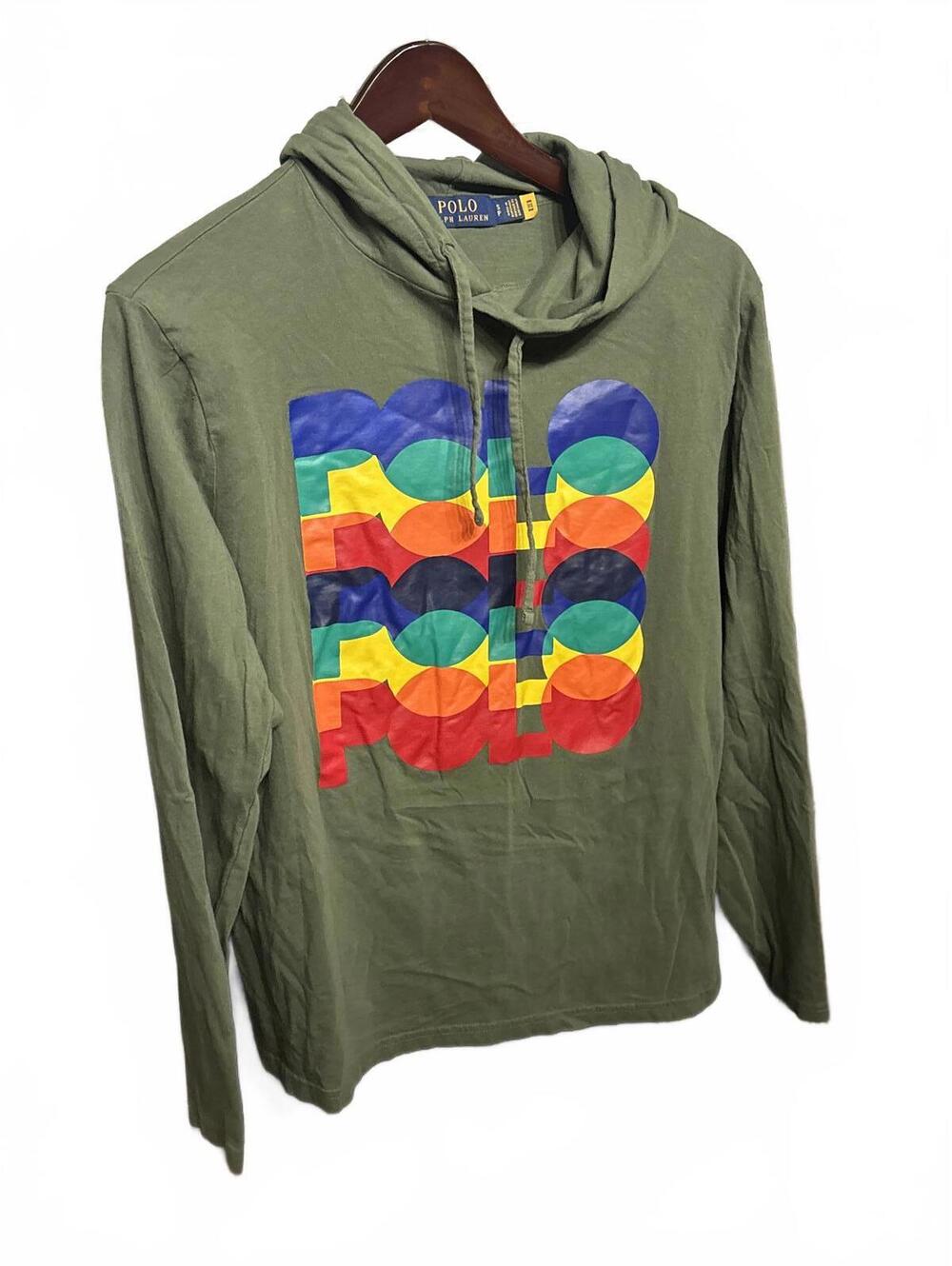 Polo Ralph Lauren Olive Green Hoodie T shirt Colorful Logo Print Mens Size Small